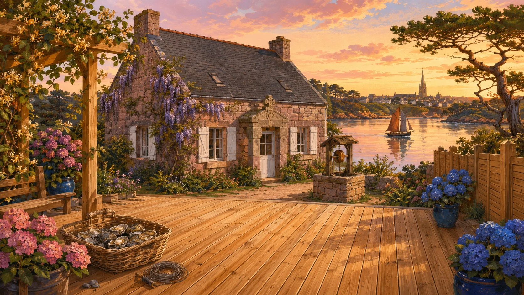 Illustration paysagère du dépôt avec terrasse en bois et clôture